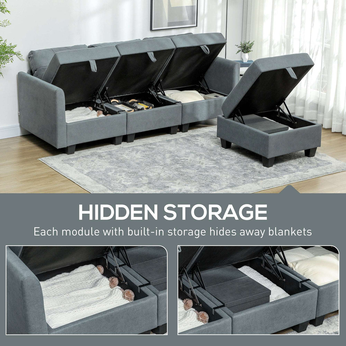 Grey modular sofa with hidden storage compartments for blankets and cushions