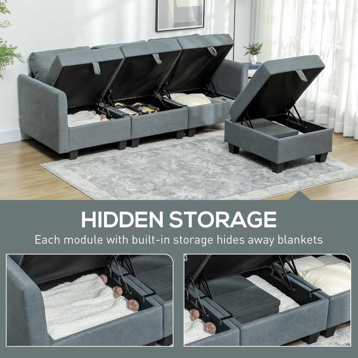 Grey modular sofa with hidden storage compartments for blankets and cushions