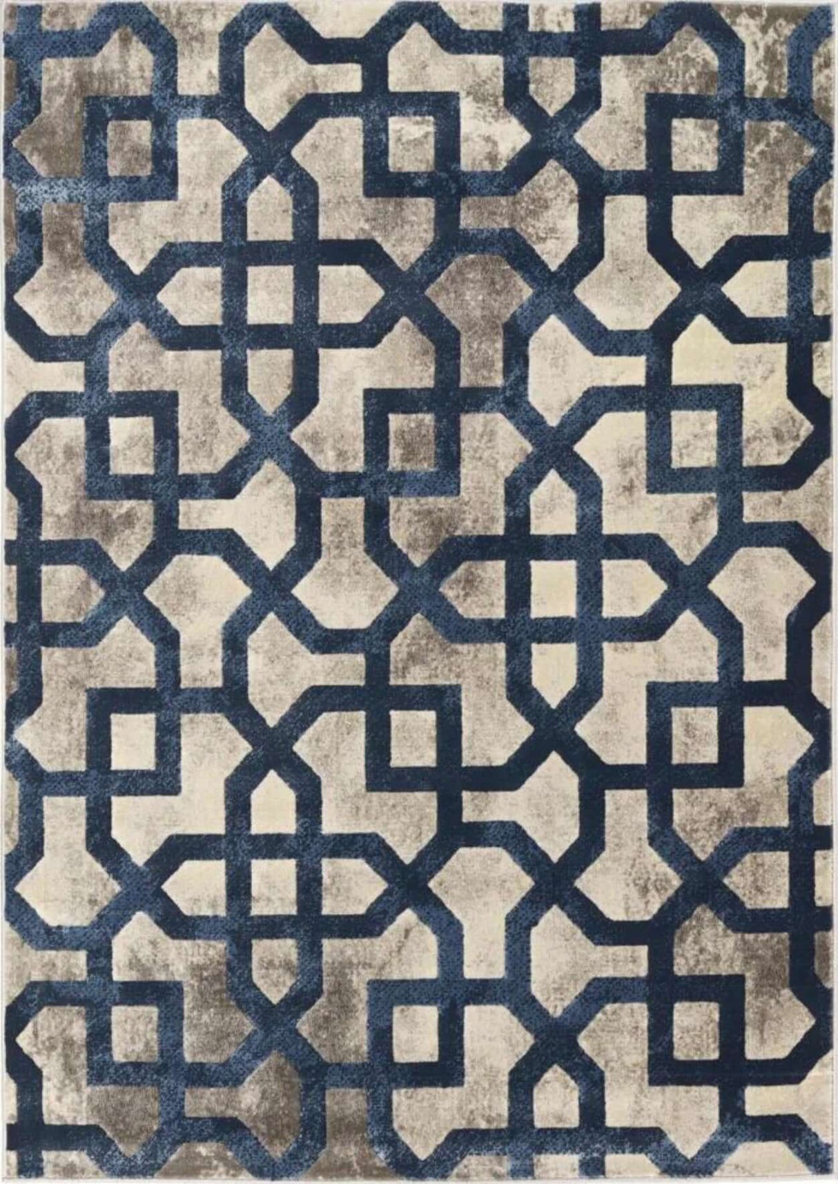 Modern Moroccan Rug with Geometric Blue Patterns on a Neutral Background for Stylish Decor
