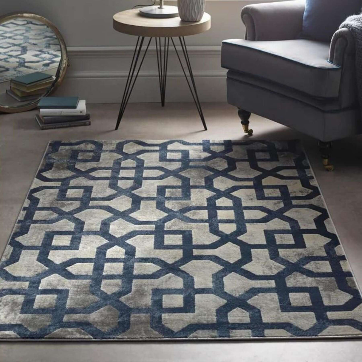 Stylish Moroccan Rug with a geometric pattern in blue and grey for modern home decor