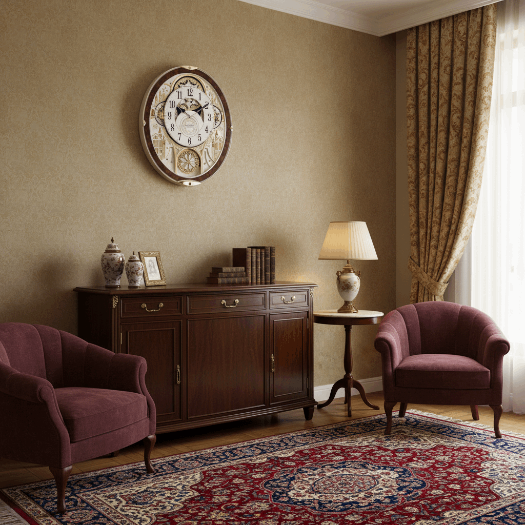 Elegant Widdop Motion Clock on a stylish wall in a classic living room with burgundy armchairs