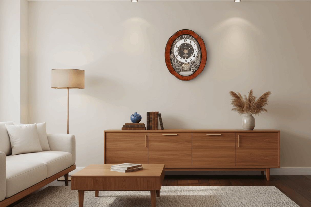 Widdop Motion Clock displayed on a stylish wall in a modern living room with wooden furniture