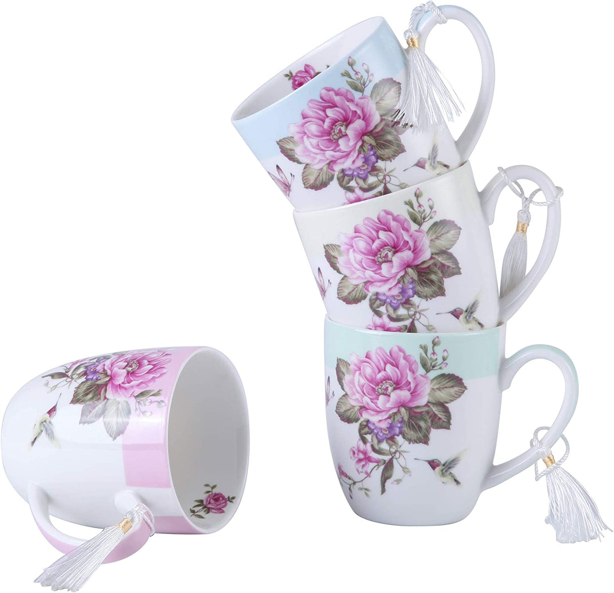 Elegant Mug Set featuring floral designs and delicate tassels stacked beautifully