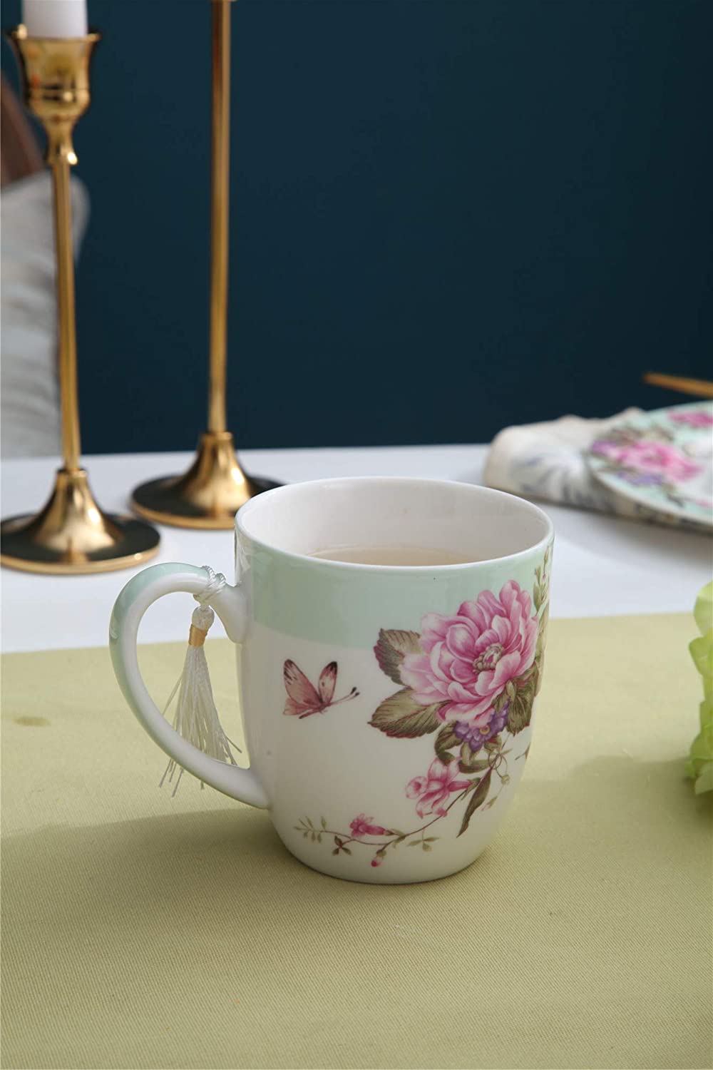 Elegant floral Mug Set with rose and butterfly design, perfect for tea enthusiasts