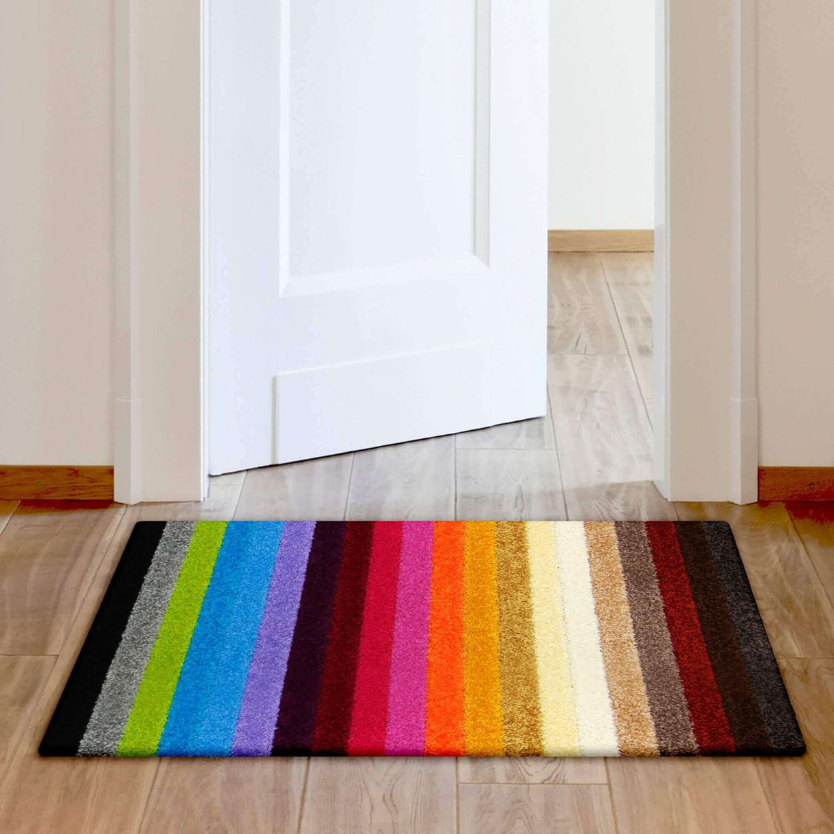 Multicolour Rugs featuring vibrant stripes for a stylish entrance and home decor