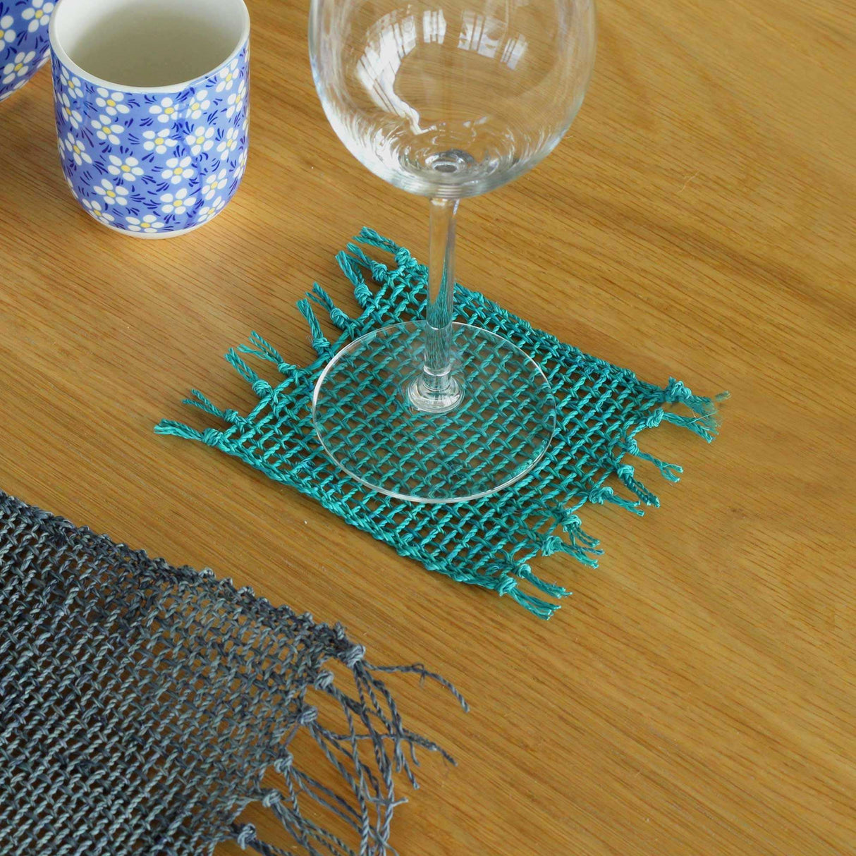 Set of 4 Seagrass Fringe Natural Coasters - Turquoise AW-Dropship