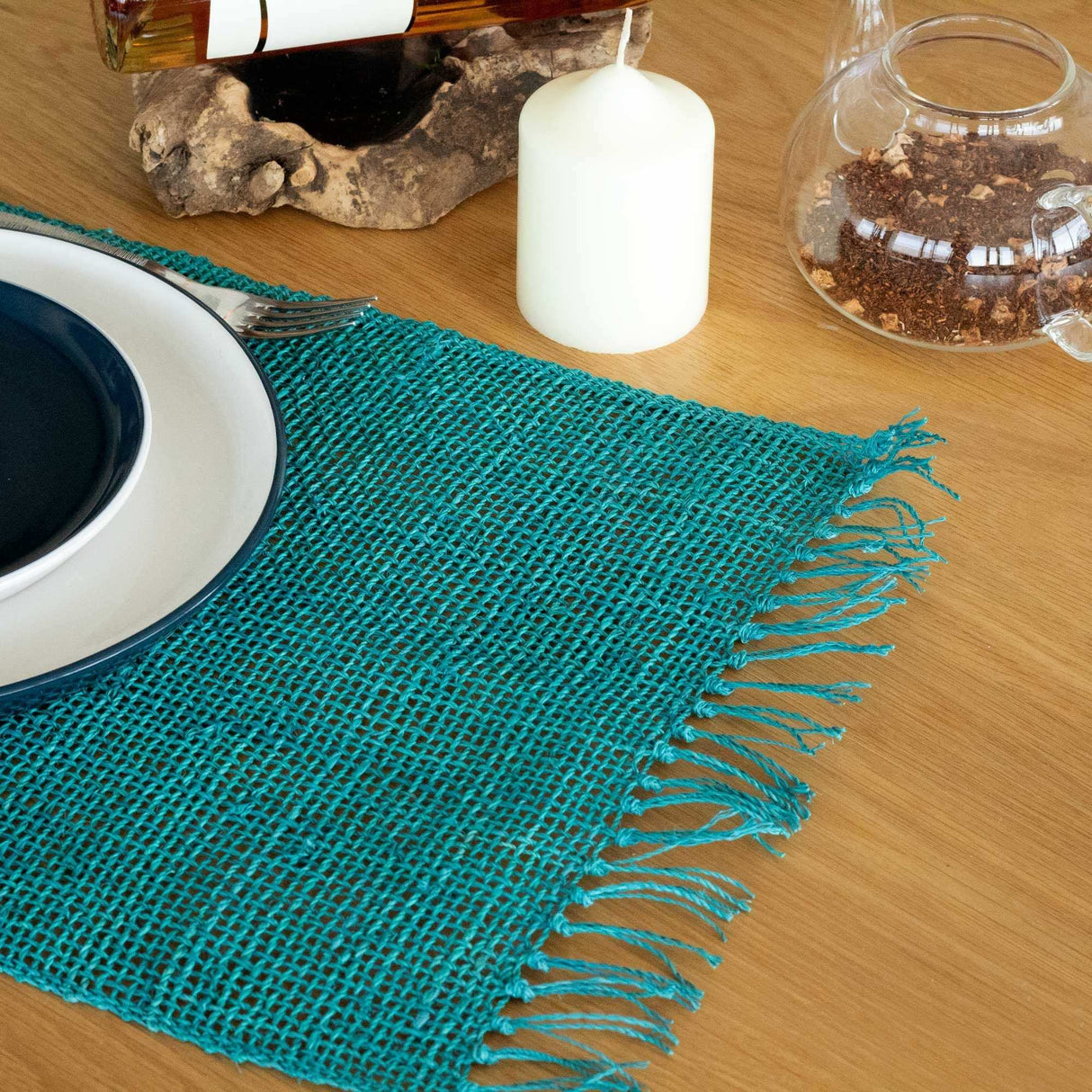 Seagrass Fringe Natural Placemat - Turquoise AW-Dropship