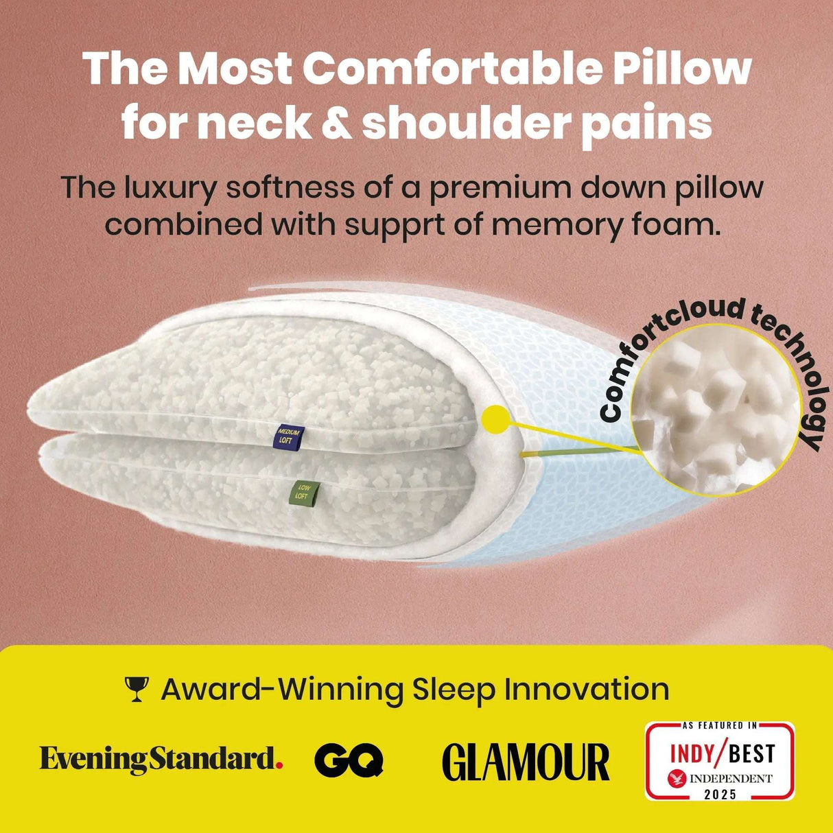 Brightr Sleep Neck Support Pillow with hybrid design for comfort and relief from neck and shoulder pain