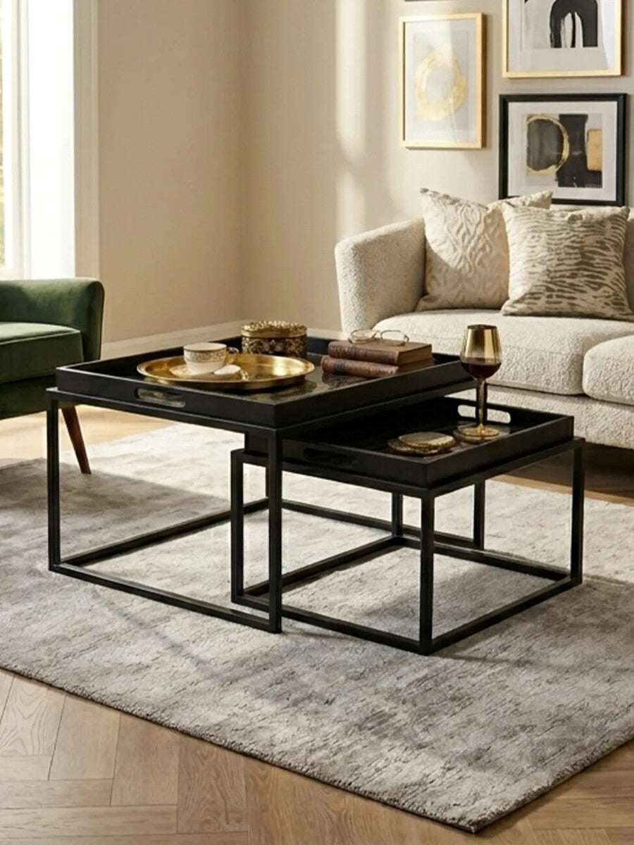 Orsina Nesting Tray Tables in Black with Gold Accents for Stylish Living Room Decor
