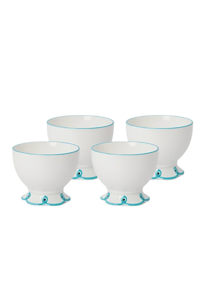 Set of four white Casa by Josephine Jenno Nibbles Bowls with turquoise trim and decorative base