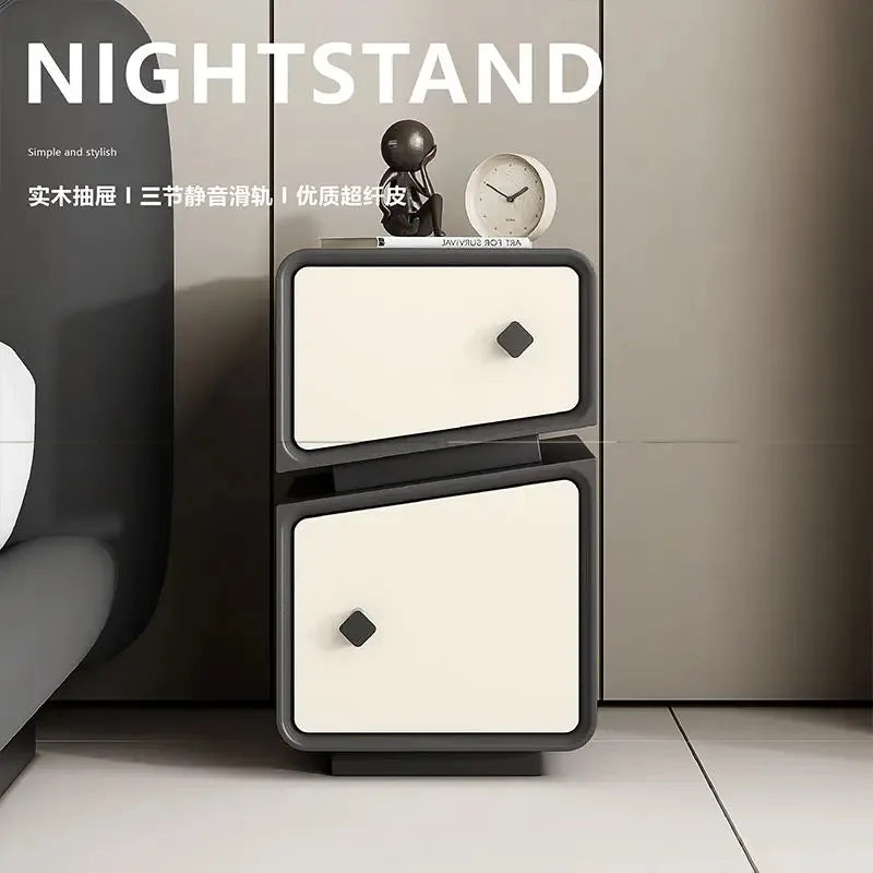 Klassyx modern nightstand in black and cream with unique design and two drawers