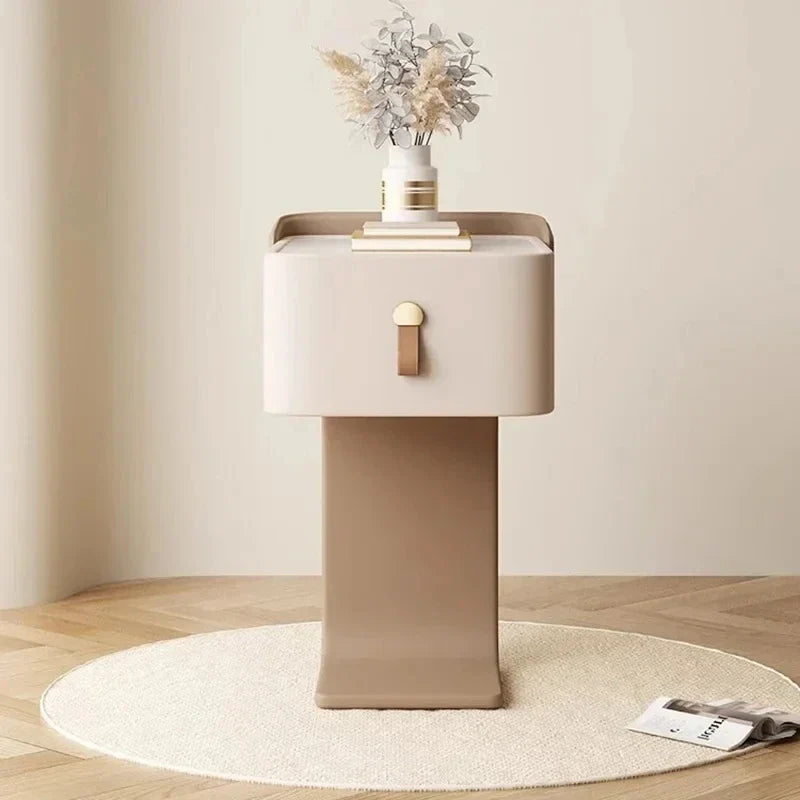 Klassyx modern nightstand in beige with a minimalist design and decorative vase on top