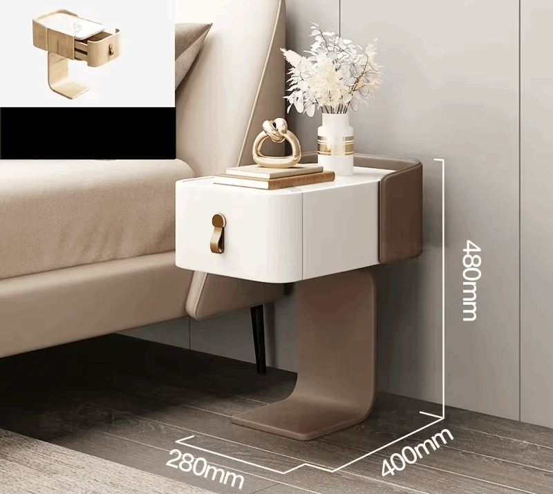 Klassyx stylish nightstand in cream and brown with modern design and decorative accessories
