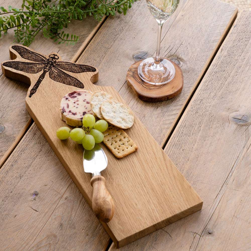 Selbrae House Oak Serving Board with Dragonfly Design, Cheese and Crackers Arrangement