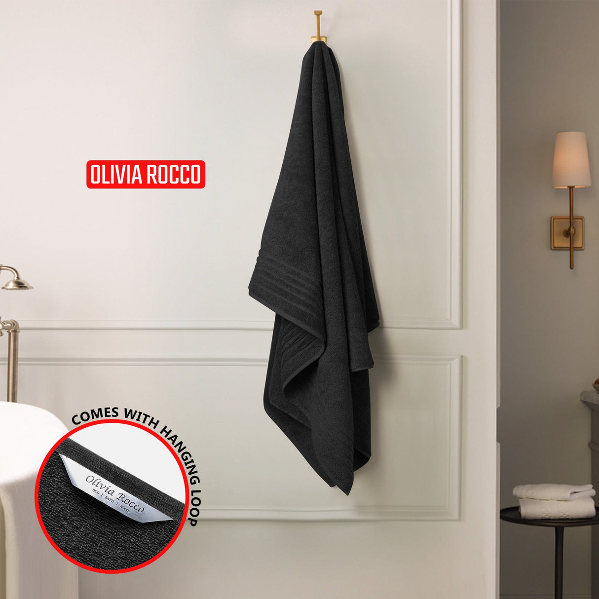 OLIVIA ROCCO black Bath Sheets hanging elegantly with a loop for easy storage
