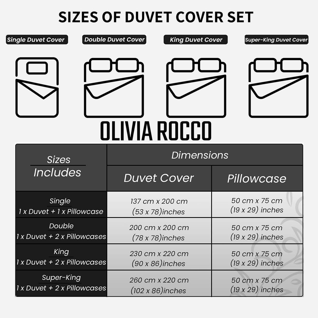 OLIVIA ROCCO Duvet Cover Set size guide with dimensions for single, double, king, and super-king sizes