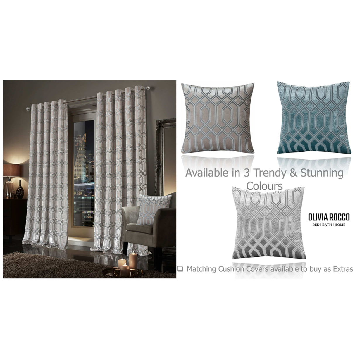 OLIVIA ROCCO Eyelet Curtains in a stylish geometric pattern, available in three trendy colours