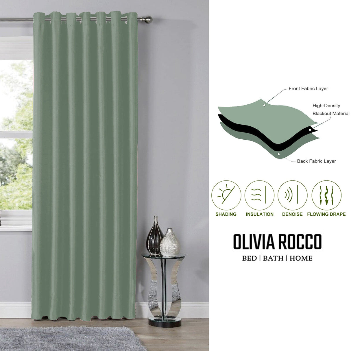 Olivia Rocco Eyelet Curtains in Soft Green with High-Density Blackout Material for Insulation