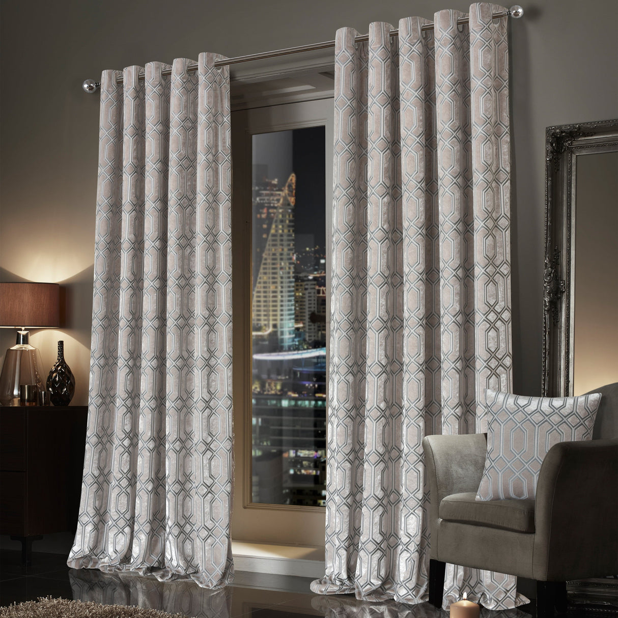 OLIVIA ROCCO Eyelet Curtains in Light Grey with Geometric Design for Modern Interiors