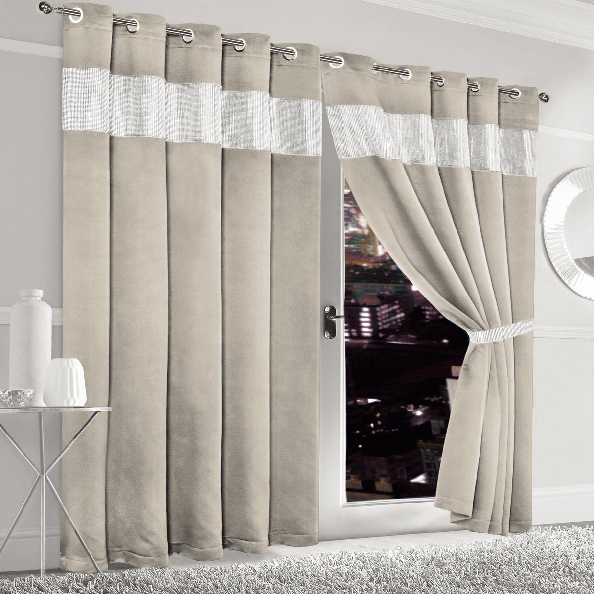 Beige Eyelet Curtains with Silver Stripes, Perfect for Modern Interiors