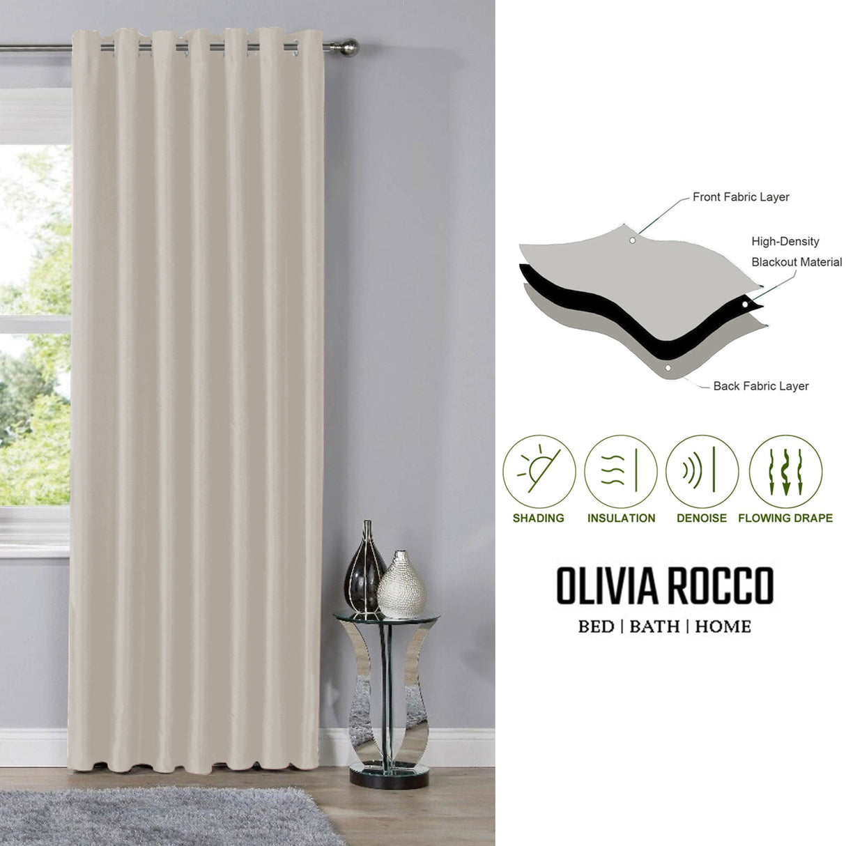 OLIVIA ROCCO Eyelet Curtains in soft beige with high-density blackout material for shading and insulation
