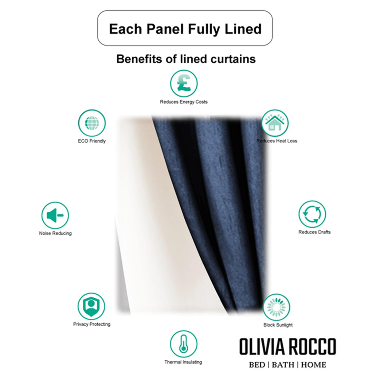 Olivia Rocco Eyelet Curtains, fully lined for energy efficiency and noise reduction with privacy protection