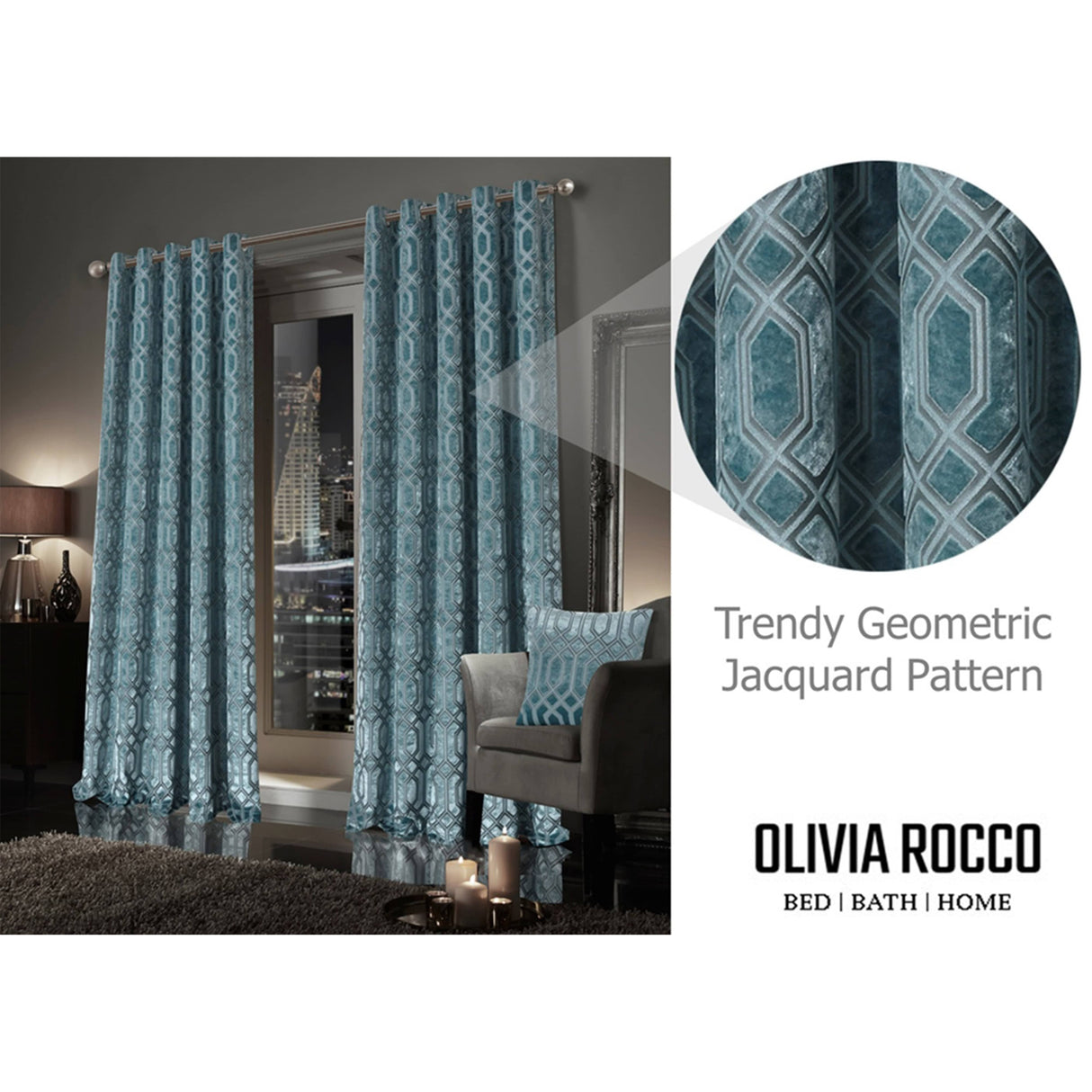 Olivia Rocco Eyelet Curtains in Trendy Geometric Jacquard Pattern for Modern Living Spaces