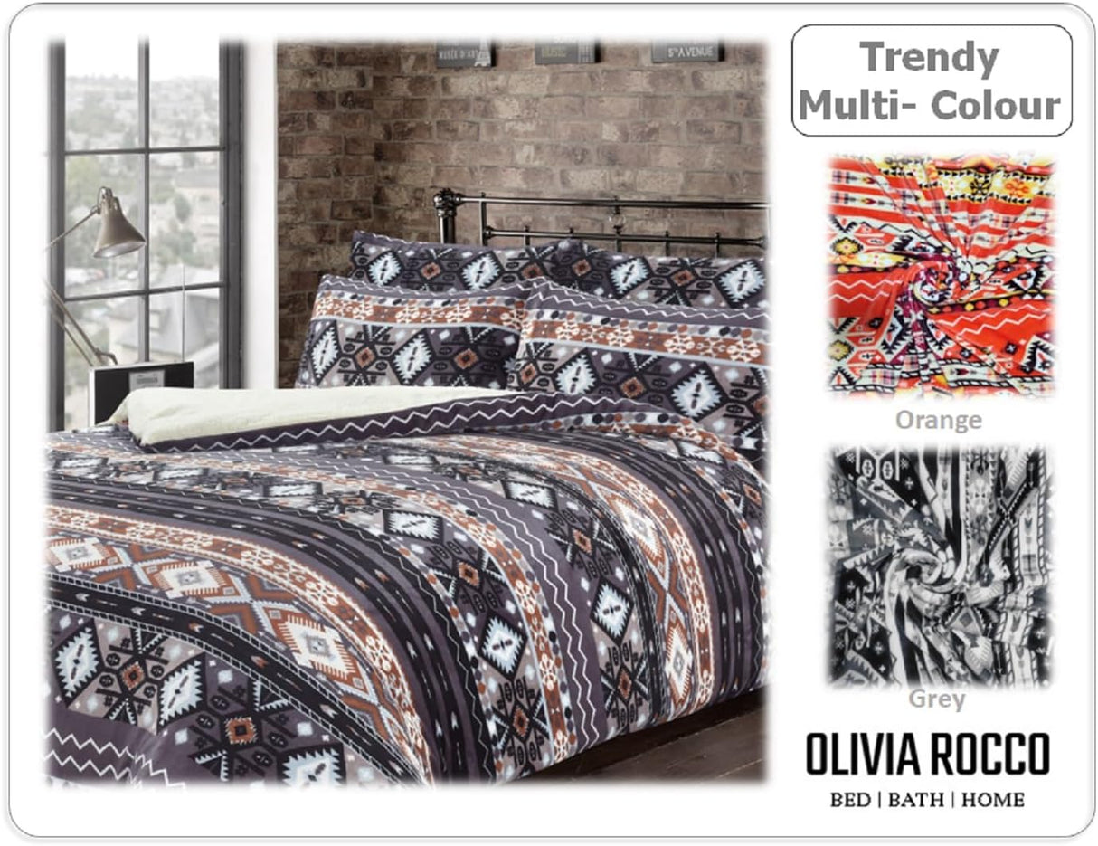 OLIVIA ROCCO Fleece Duvet Set in trendy multi-colour design with patterns in orange and grey