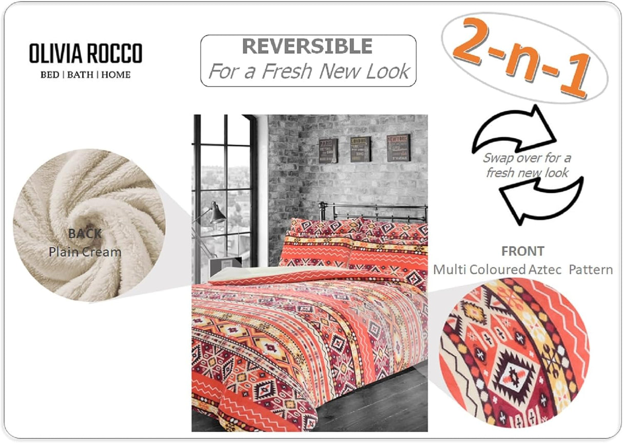 OLIVIA ROCCO Fleece Duvet Set in multi-coloured Aztec pattern, reversible for versatile bedroom styling