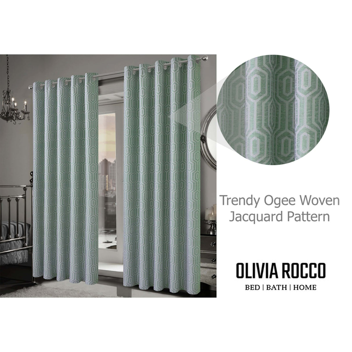 Olivia Rocco Jacquard Curtains with Trendy Ogee Woven Pattern in Elegant Green Shade