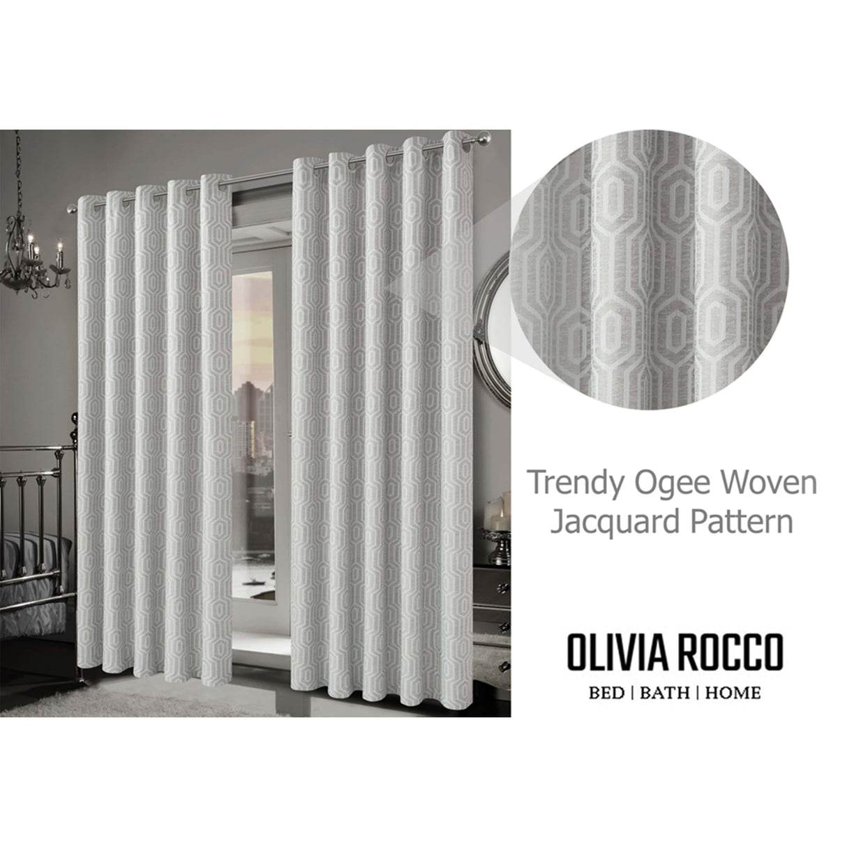 Trendy Ogee Woven Jacquard Curtains by OLIVIA ROCCO in a stylish grey pattern