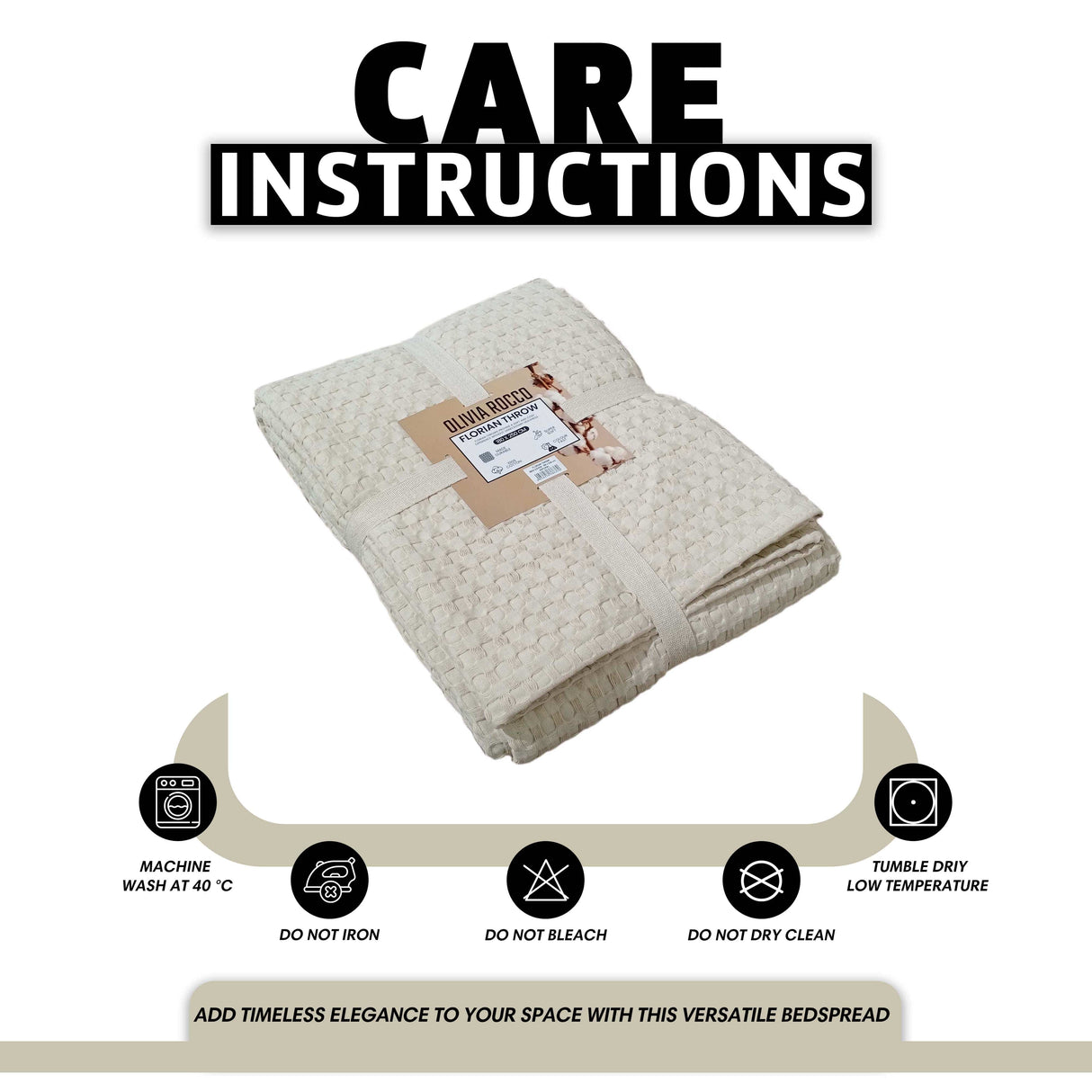 OLIVIA ROCCO Throw Blanket in cream colour with care instructions for easy maintenance