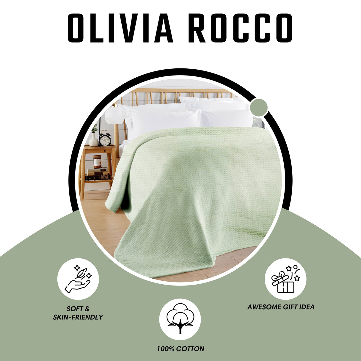 OLIVIA ROCCO Throw Blanket in Soft Green, made from 100 per cent cotton for a cozy and skin-friendly feel