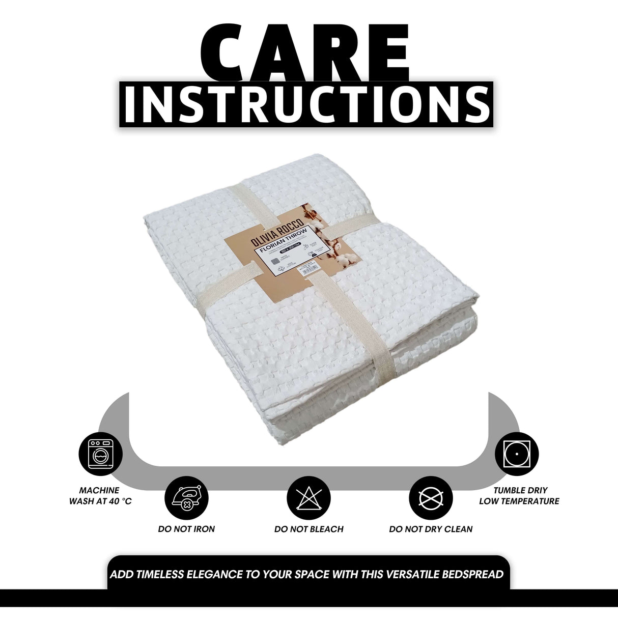 OLIVIA ROCCO Throw Blanket in white with care instructions for easy maintenance