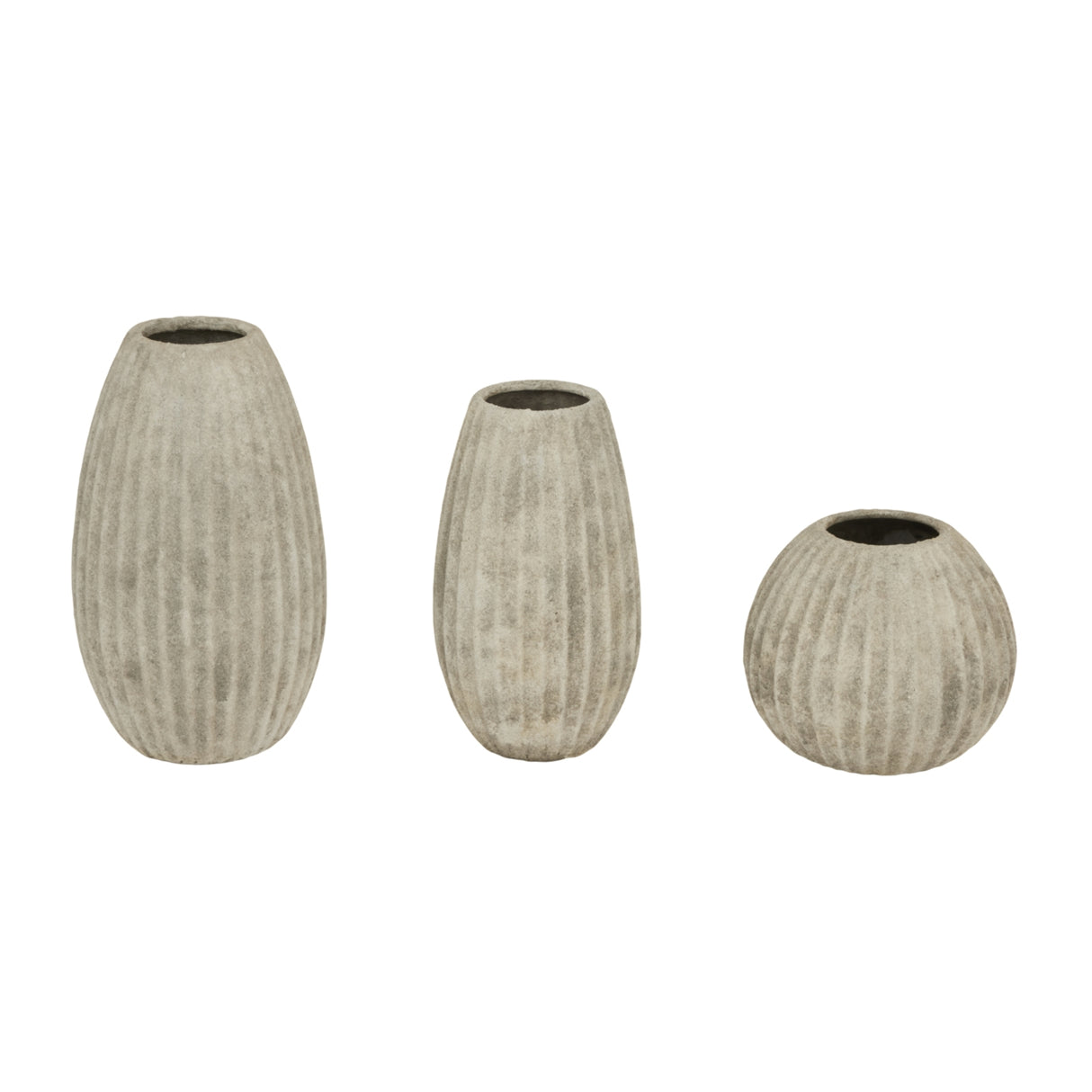 Set of three Olpe Vases in grey, featuring ribbed texture and varying heights for stylish decor