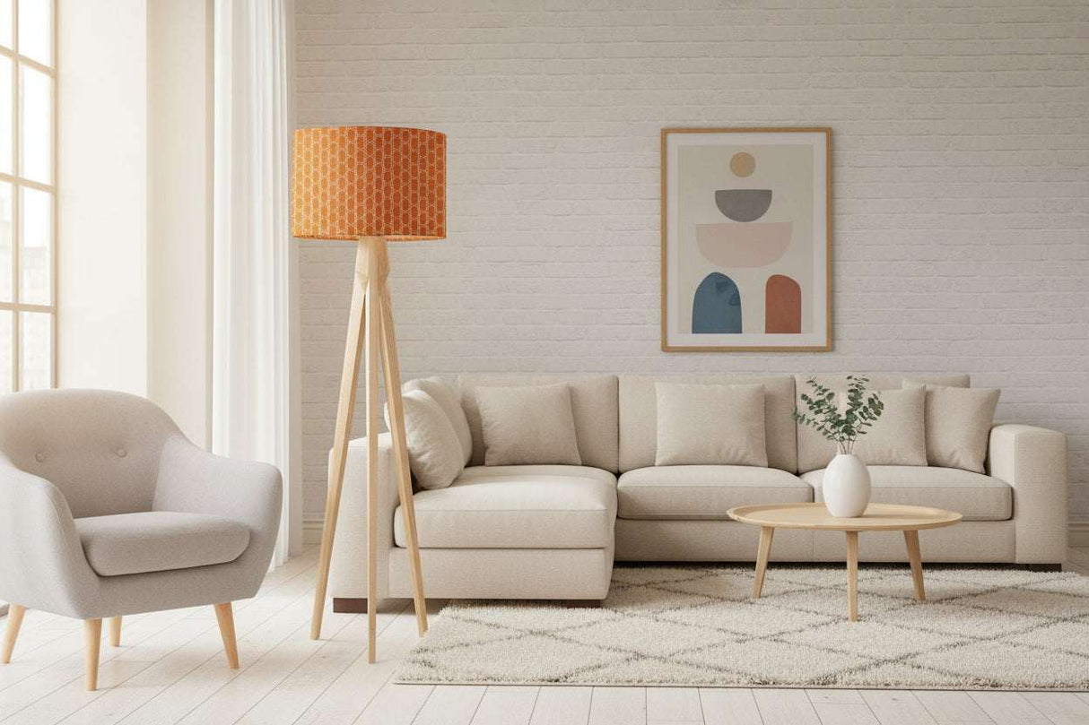 Stylish lampshade on a standing lamp in a modern living room with neutral tones