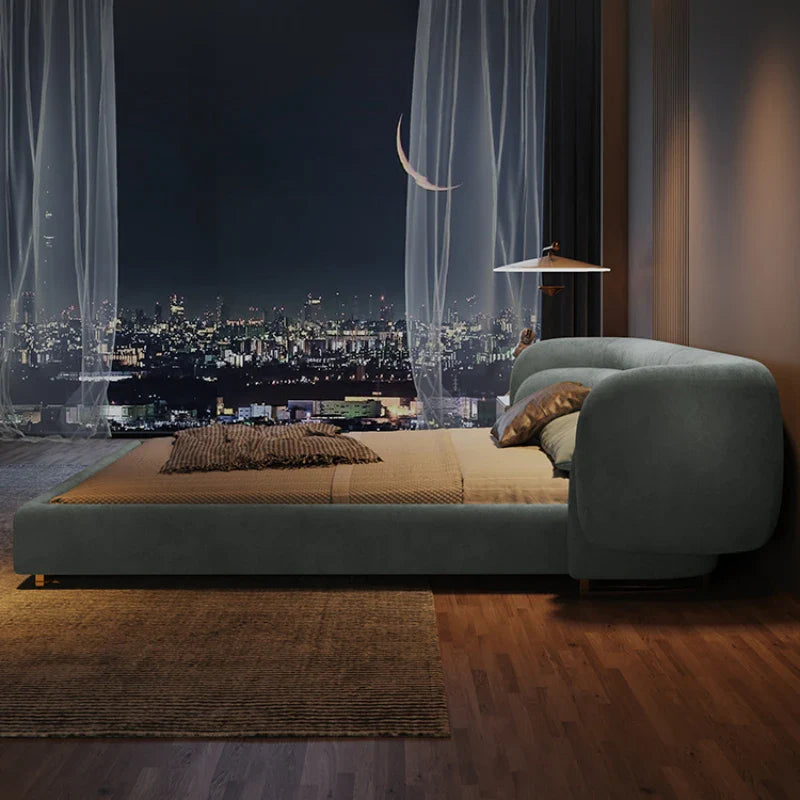 Nisu Home Ottoman Bed in a modern bedroom setting with city view at night