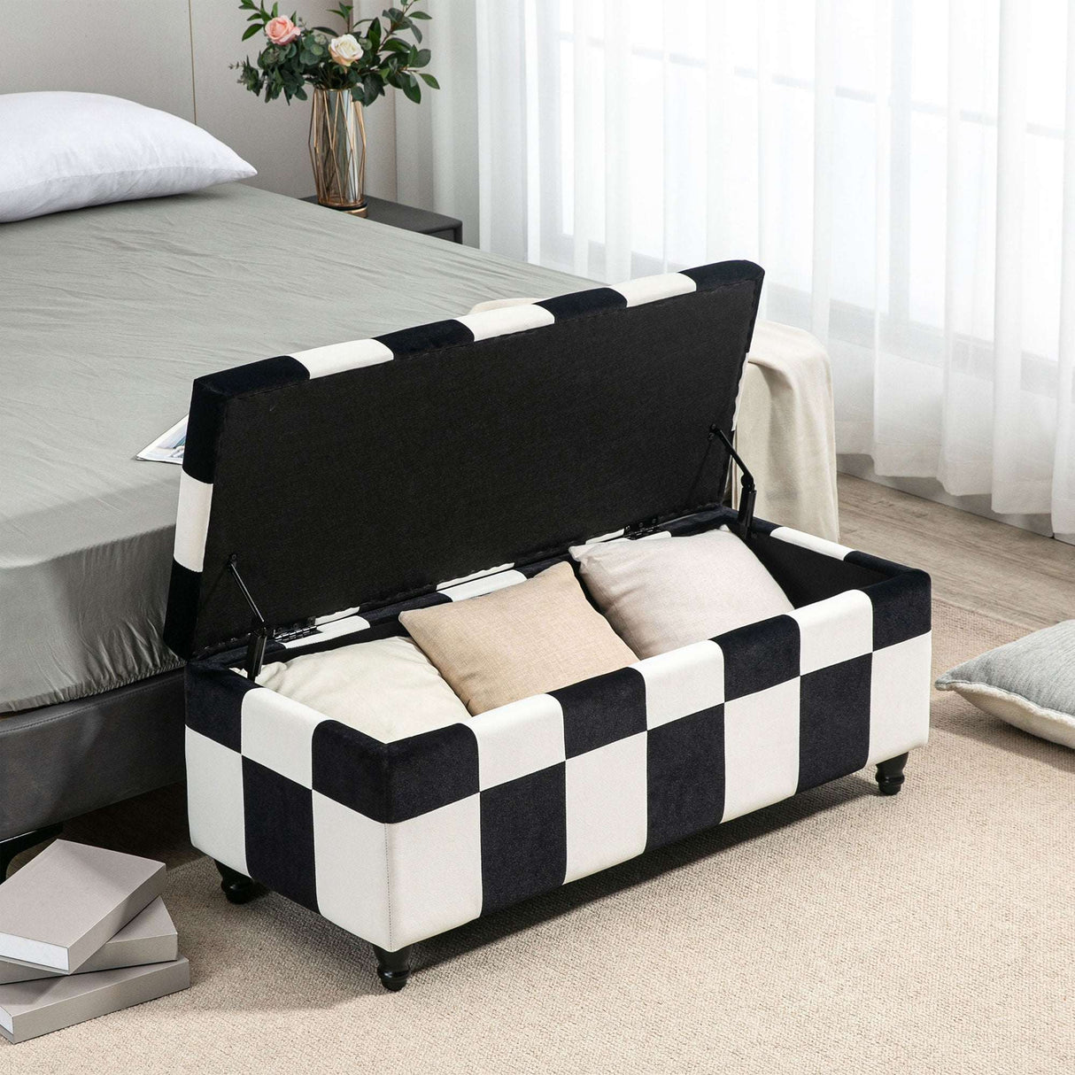 Wise Galleria Ottoman with Storage in Black and White Checkerboard Design for Modern Interiors