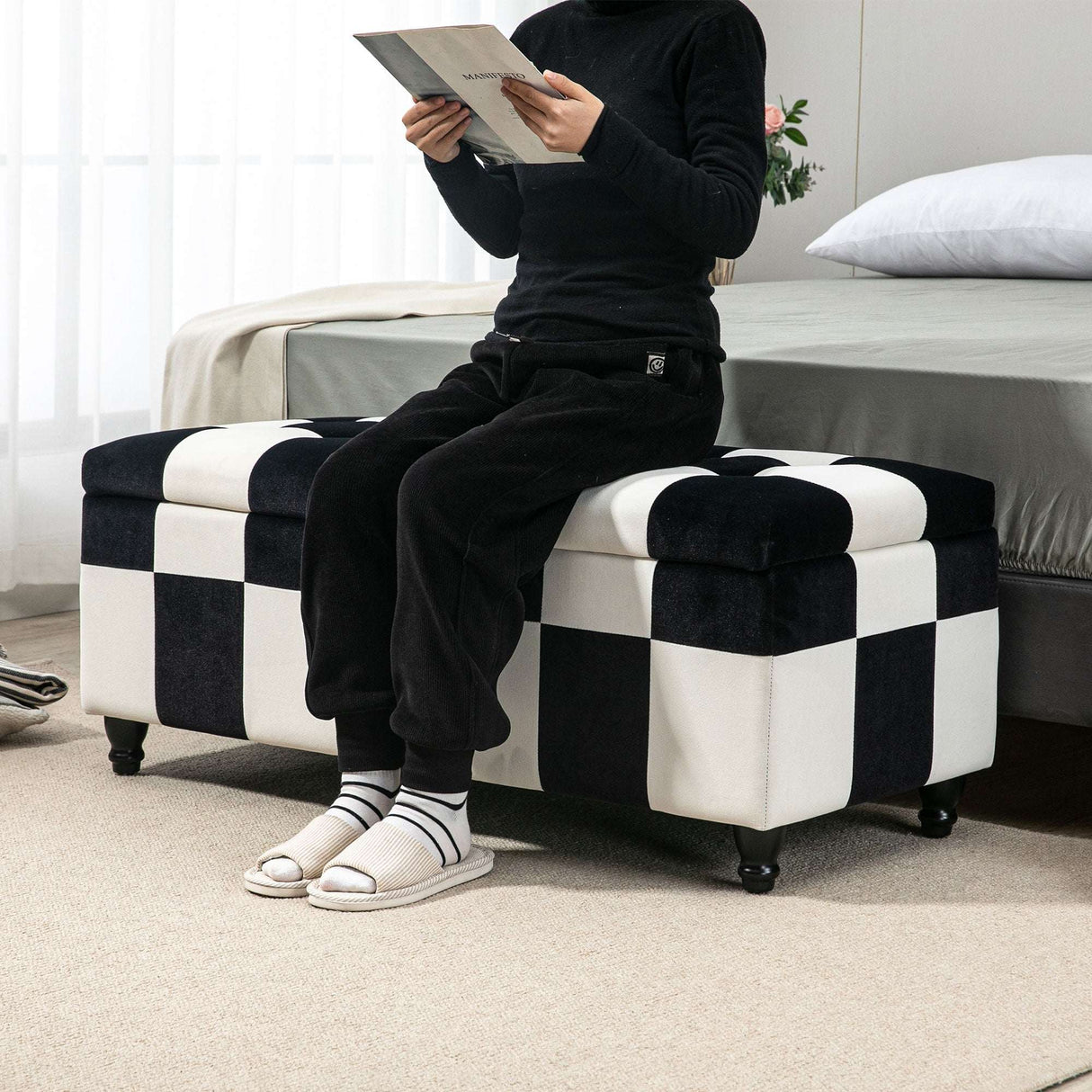 Wise Galleria Ottoman in Black and White Checkerboard Design, Perfect for Comfortable Footrest