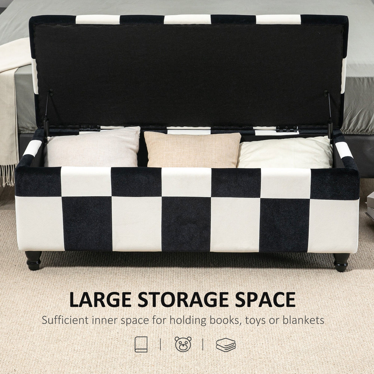 Wise Galleria Ottoman with Large Storage Space for Books, Toys and Blankets in Black and White Design