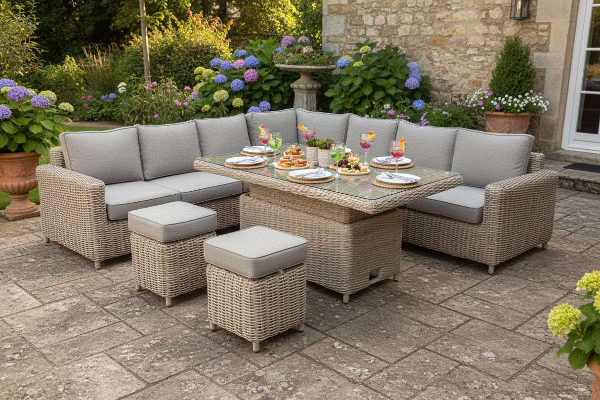 Amalfi Large Outdoor Corner Set With Riser Table and Two Stools Shades 4 Seasons