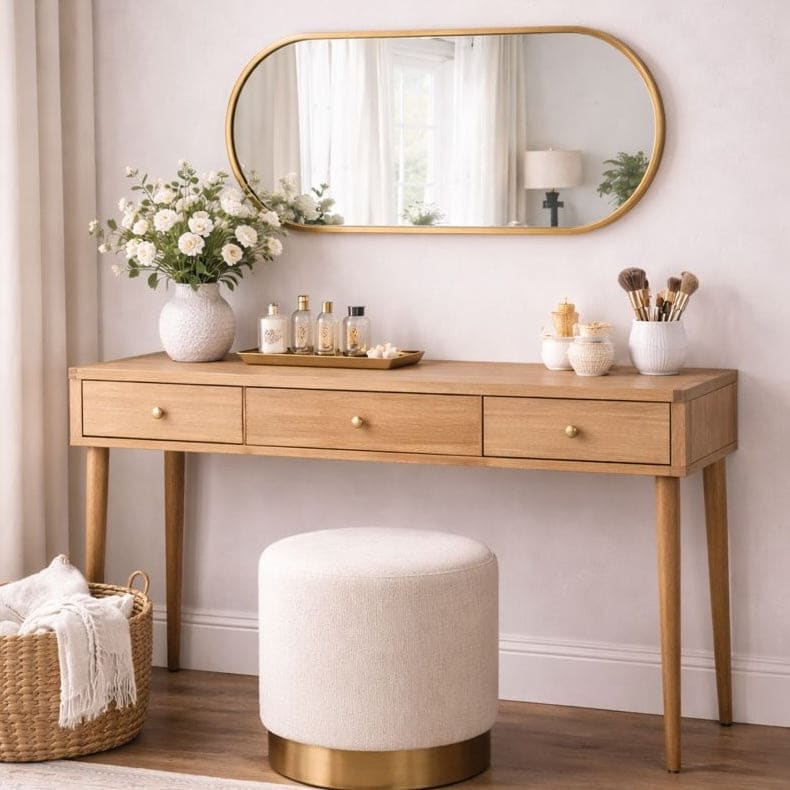 Elegant oval mirror from Jobu Home above a wooden console table adorned with decor and plants