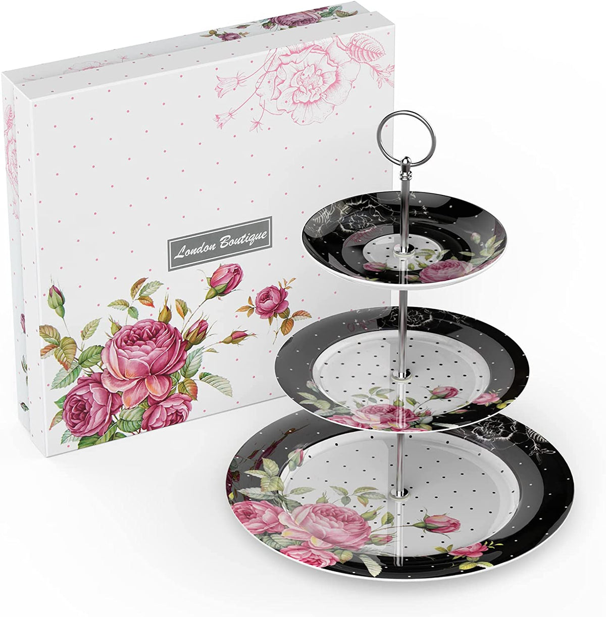 Elegant London Boutique Cake Stand with Floral Design and Three Tiers for Serving Desserts
