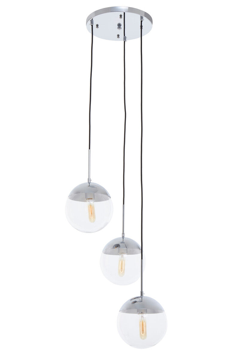 Orsina Modern Pendant Light with Three Clear Glass Spheres and Chrome Fixtures