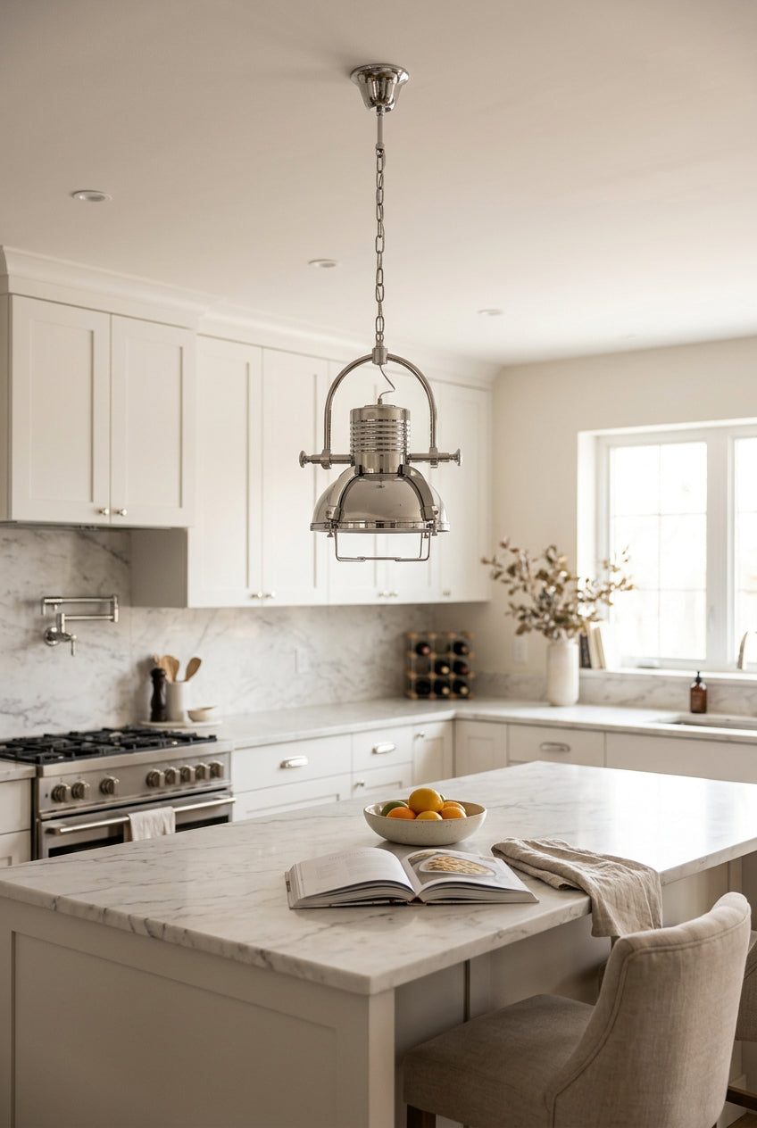 Orsina Pendant Light in a modern kitchen with white cabinetry and marble countertops