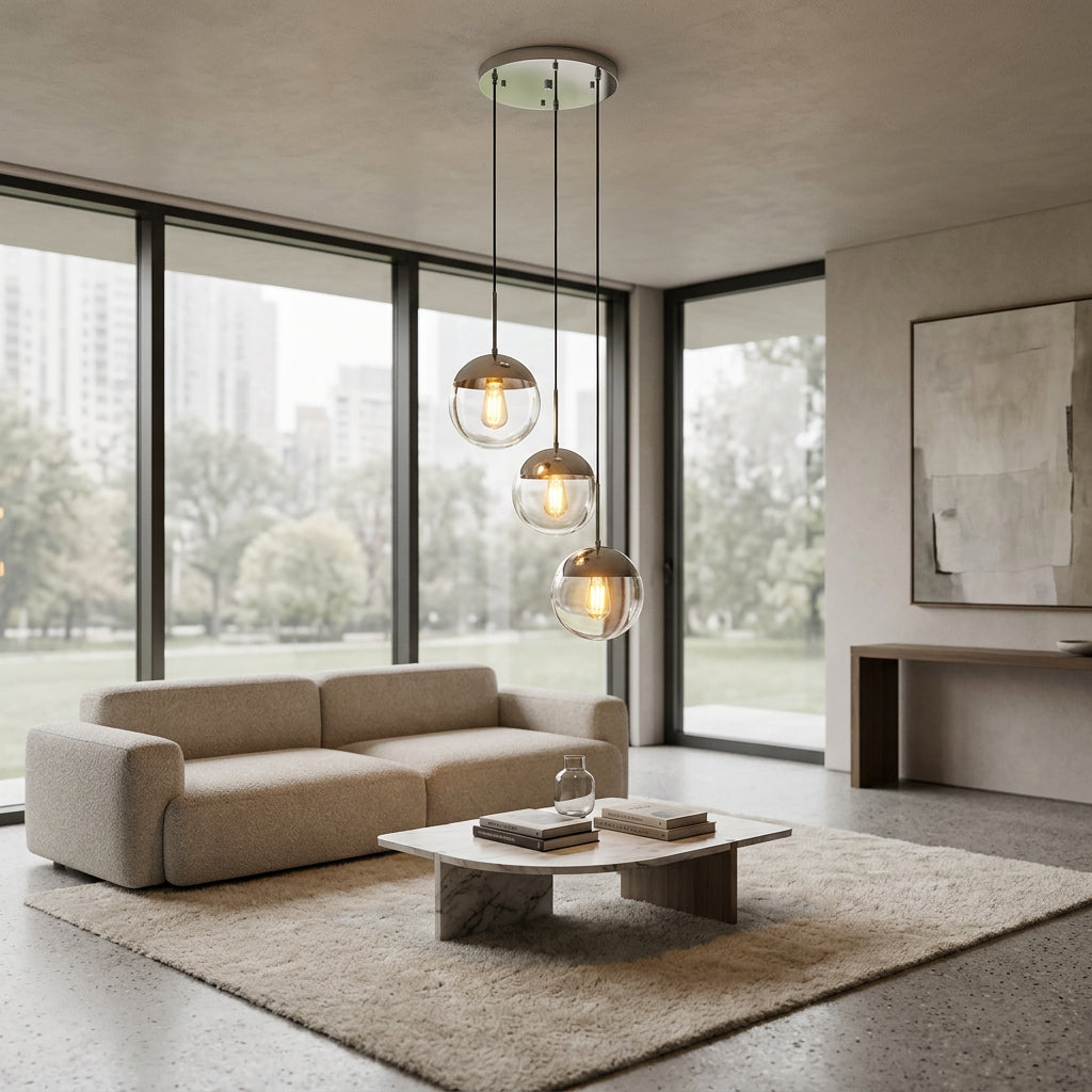 Orsina Pendant Light with three glass shades, perfect for modern living room decor