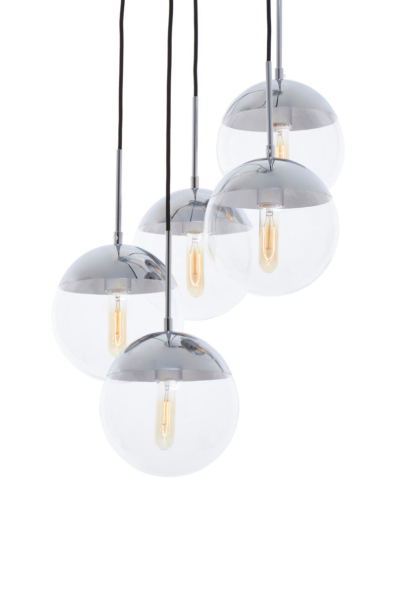 Orsina Pendant Lights featuring five chrome and clear glass globe designs for stylish illumination