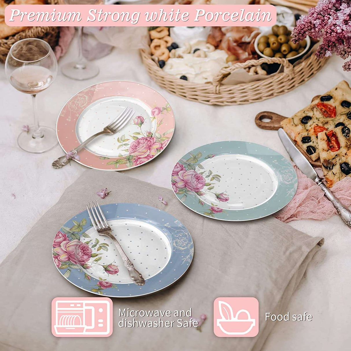 Set of three decorative cake stands in pastel colours with floral designs and polka dots