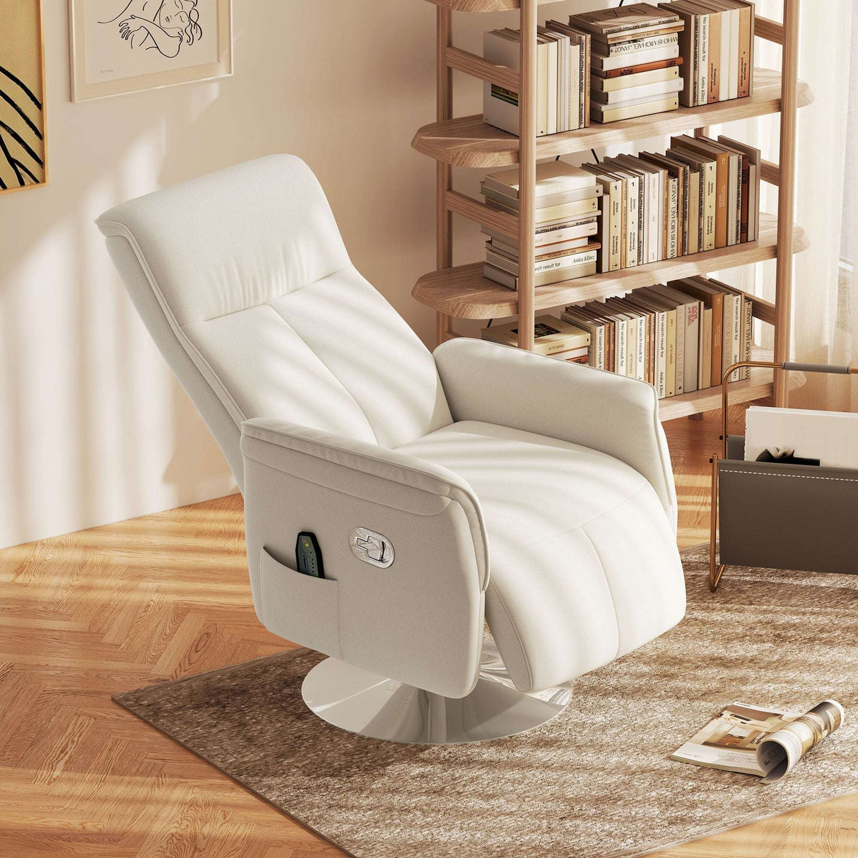 Elegant Recliner Armchair in white leather with swivel base and side pocket for remote storage