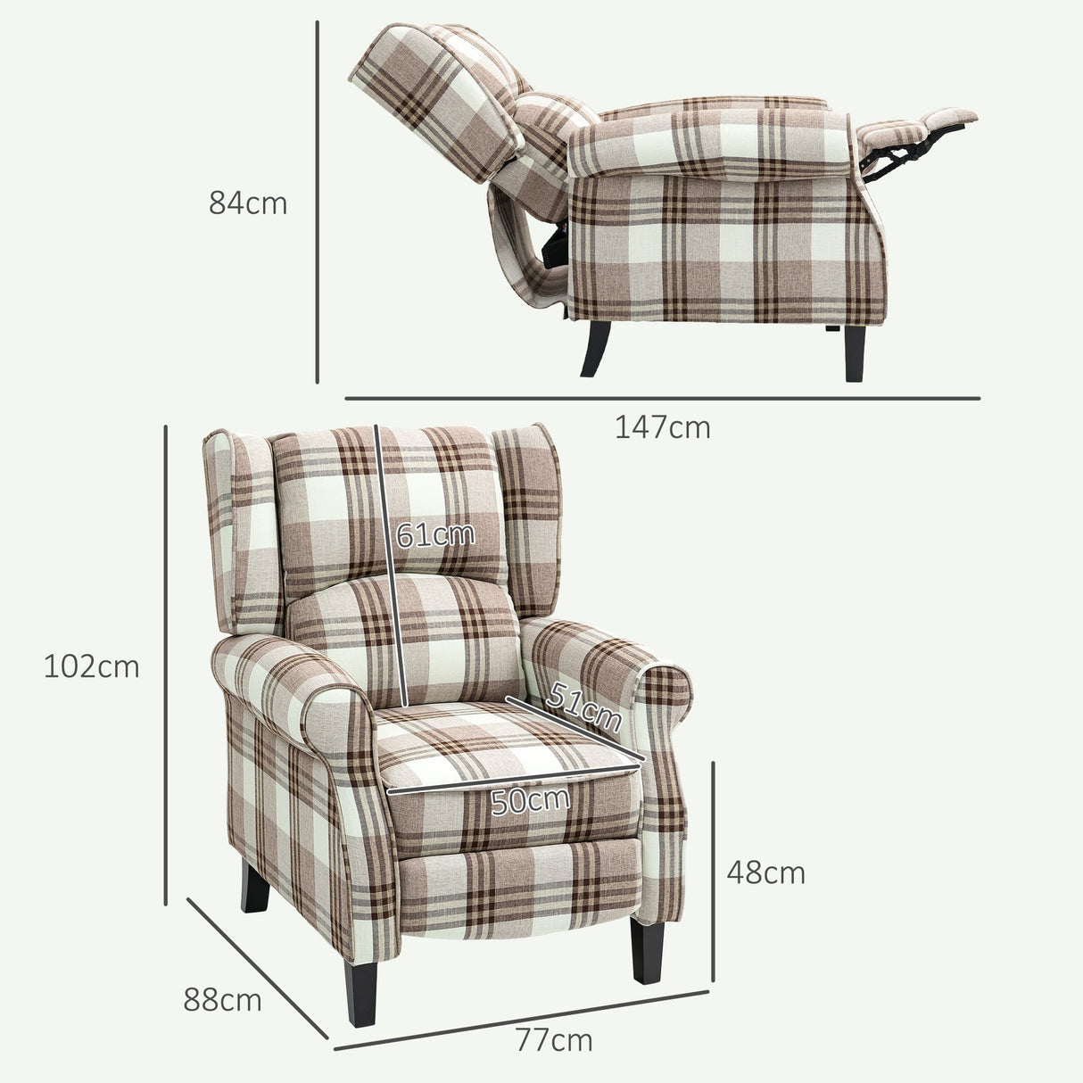 Wise Galleria Reclining Armchair with Plaid Fabric and Adjustable Backrest for Comfort